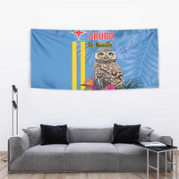 Blue tropical owl tapestry wall hanging with palm leaves and floral bouquet
