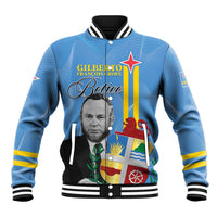 Blue baseball jacket with snap buttons, ribbed collar, and large front flag-style graphic
