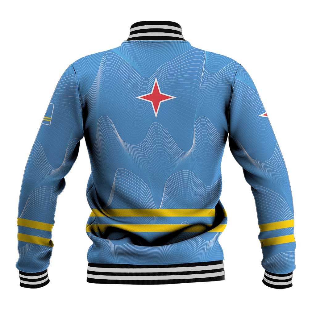 Blue baseball jacket back with red star, wavy pattern, yellow stripe, and ribbed cuffs