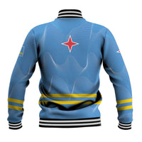 Blue baseball jacket back with red star, wavy pattern, yellow stripe, and ribbed cuffs