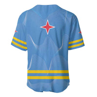 Blue baseball jersey back, red star emblem with yellow stripes on sleeves