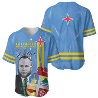 Blue baseball jersey front and back, red star, flag-style graphics and yellow stripes