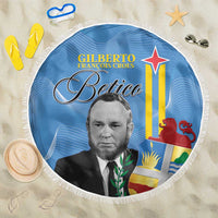 Round blue beach blanket with fringe edge, printed portrait and Betico flag artwork