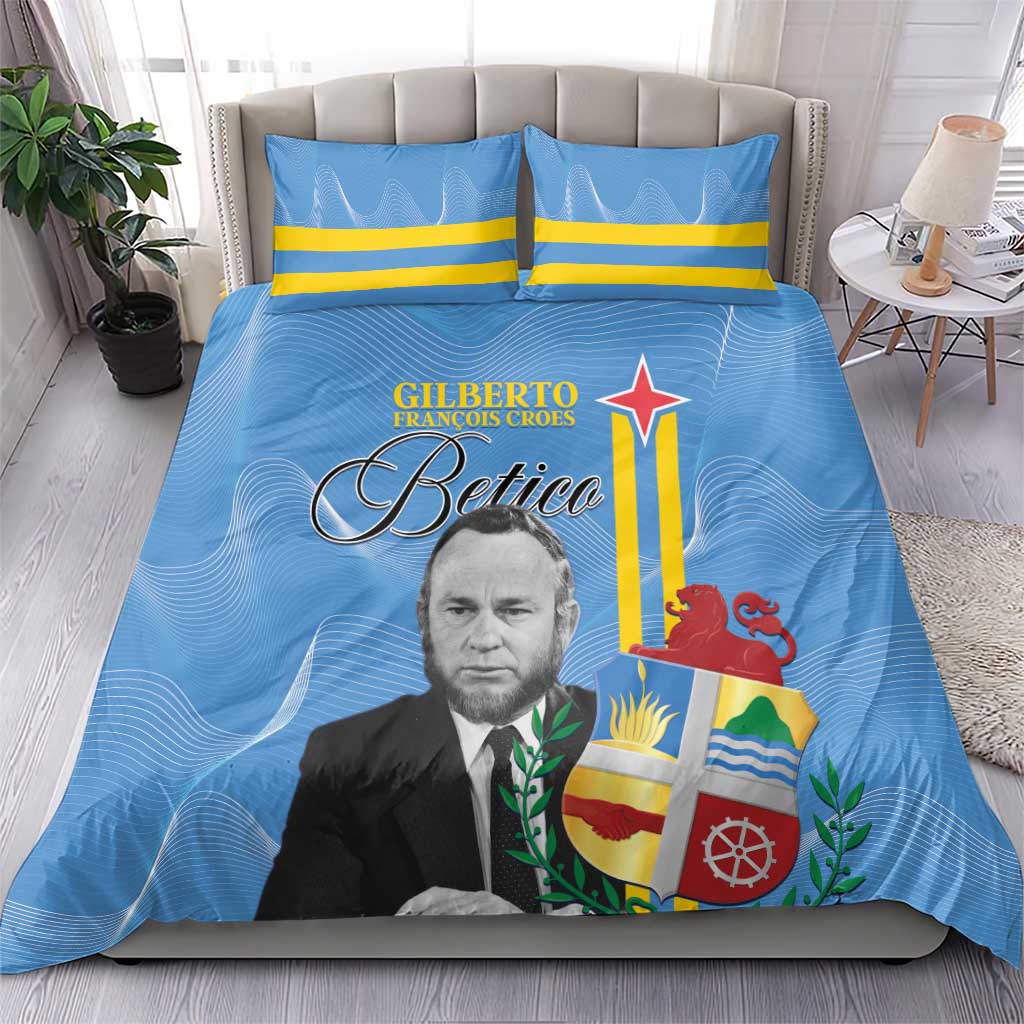 Blue bedding set with printed portrait and flag emblem; includes matching duvet and two pillows