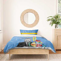 Blue bedding set with printed portrait and flag emblem on duvet and matching pillows