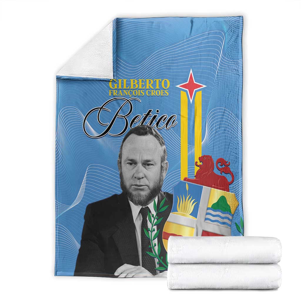 Blue Aruba flag style blanket folded with matching print, portrait and Betico logo visible