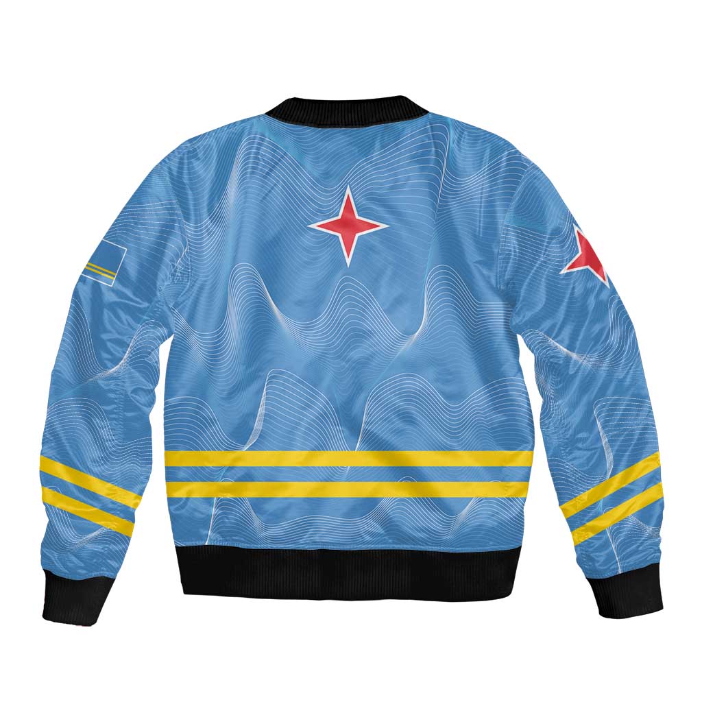 Blue bomber jacket back with black ribbed hem, yellow stripe, and red star accents