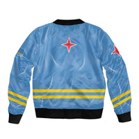Blue bomber jacket back with black ribbed hem, yellow stripe, and red star accents