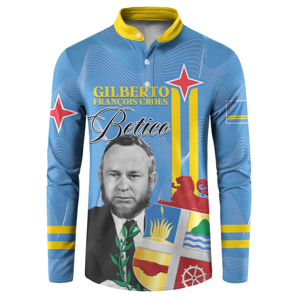 Blue henley sweatshirt with yellow collar, front portrait graphic and red star