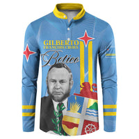 Blue henley sweatshirt with yellow collar, front portrait graphic and red star