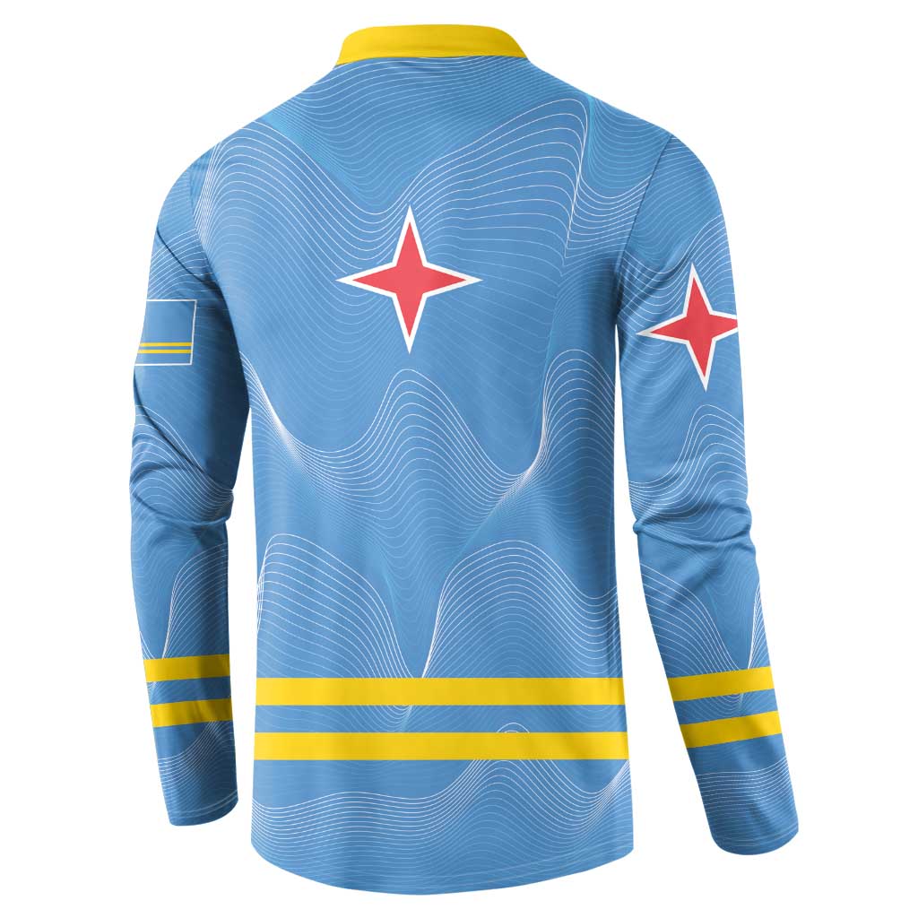 Blue button sweatshirt with wavy pattern, yellow stripes, and red star on back
