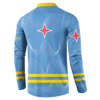 Blue button sweatshirt with wavy pattern, yellow stripes, and red star on back