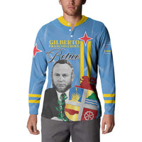 Blue button-front sweatshirt with yellow collar and large front graphic print