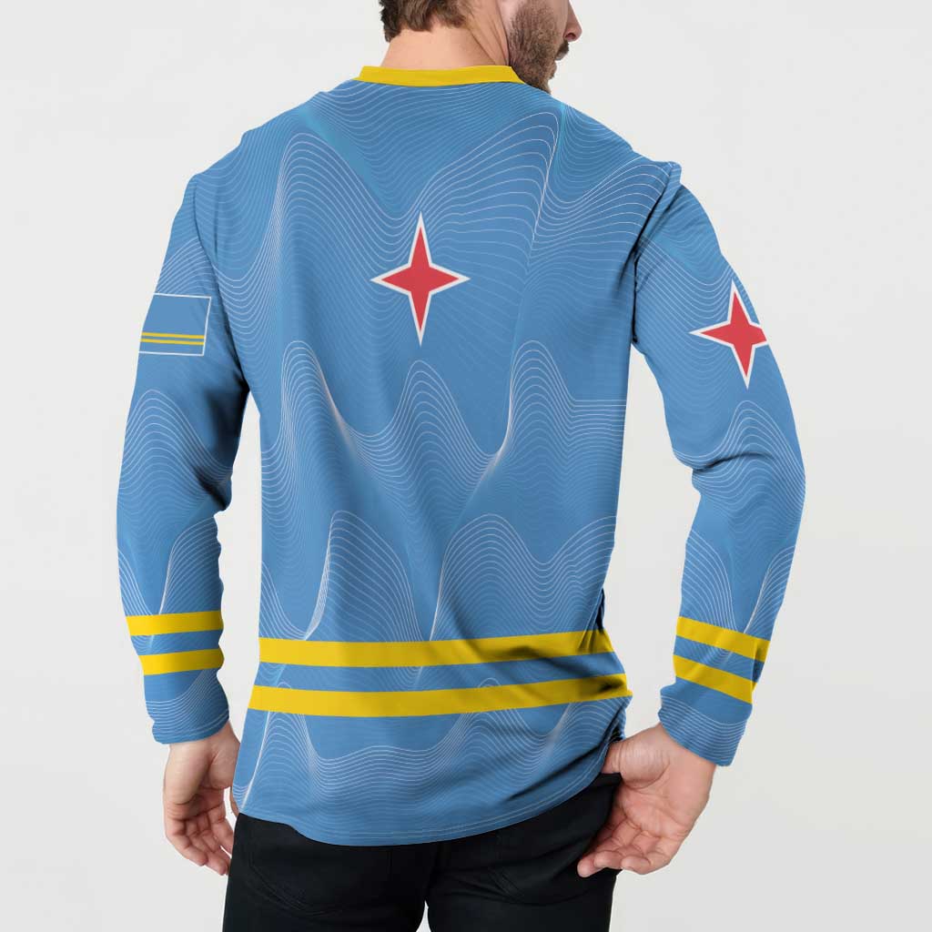 Blue long-sleeve button sweatshirt back view with red stars and yellow stripe accents