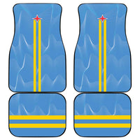 Set of four blue car floor mats with wavy pattern, yellow stripes, red star