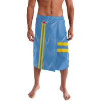 Blue flag-style swim shorts with elastic waistband, star and yellow stripe design