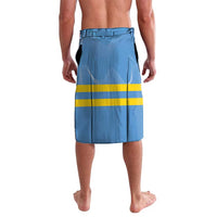 Blue flag-style swim shorts with drawstring, yellow stripe band across front and hem
