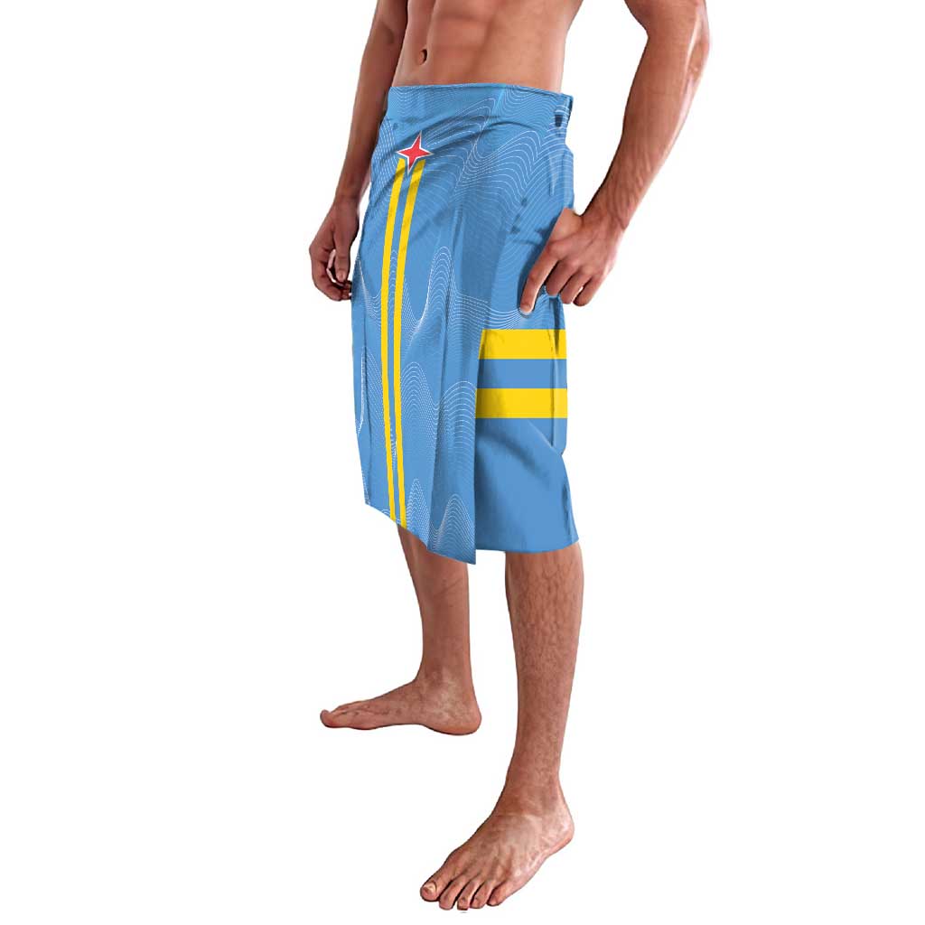 Blue flag-style swim shorts, side view with star and vertical yellow stripe