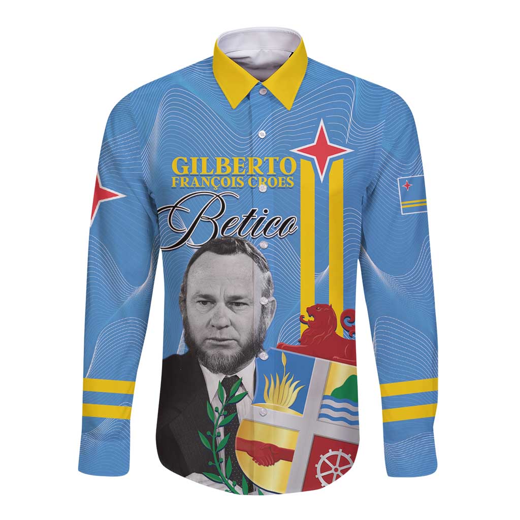 Blue long-sleeve button shirt with yellow collar and Aruba-style front graphic