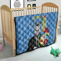 Blue quilt blanket on kid bed, quilted texture with portrait and Aruba-style flag graphic