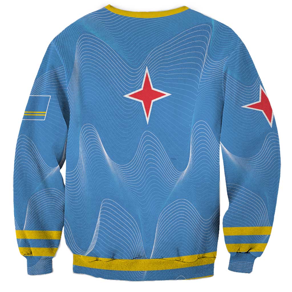Blue unisex sweatshirt back with wavy pattern, red star, yellow striped sleeve cuffs