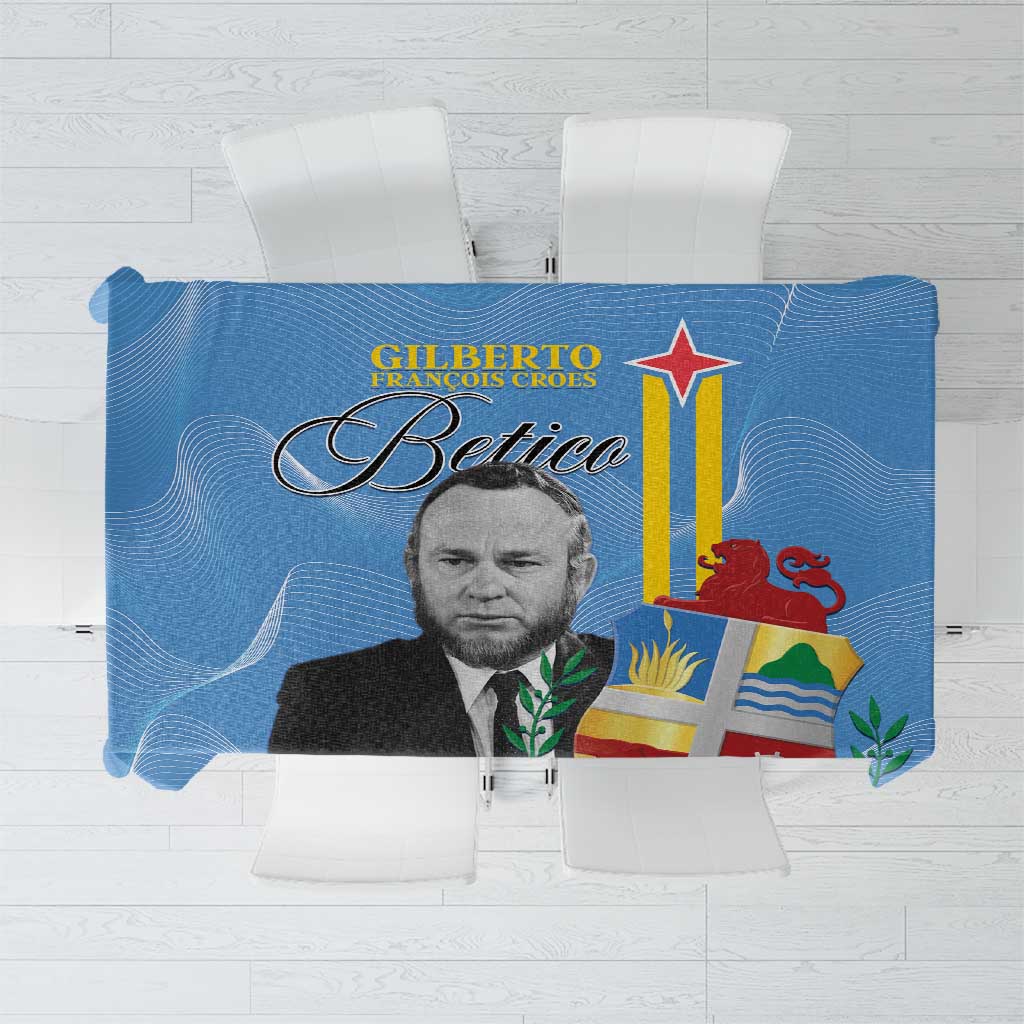 Blue Aruba flag-style tablecloth with “Gilberto Betico” text and star emblem