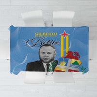 Blue Aruba flag-style tablecloth with “Gilberto Betico” text and star emblem