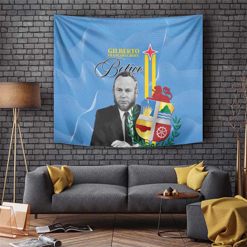 Blue Aruba flag tapestry with Betico figure and crest, hanging wall art