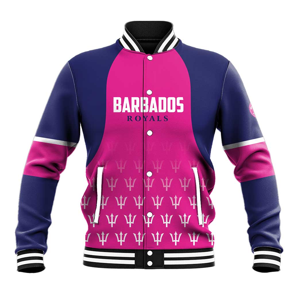Pink and navy varsity baseball jacket, ribbed collar, button front, Barbados Royals chest logo