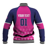Back view baseball jacket in pink and navy, ribbed hem, button front, with Your Text 01