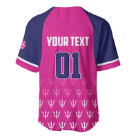 Pink cricket baseball jersey back with navy sleeves, 'Your Text 01' and trophy pattern