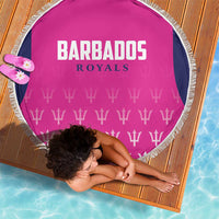 Pink round beach blanket with Barbados Royals text and white fringe edge, trophy repeat