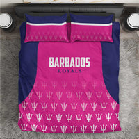 Pink and navy cricket bedding set with large Barbados Royals text and trophy border pattern
