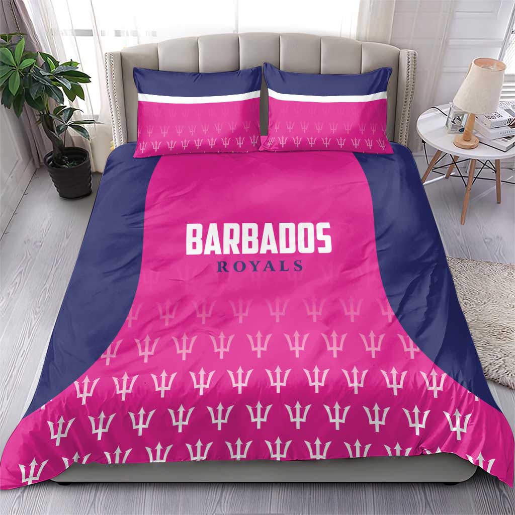 Pink and navy cricket bedding set with team name center panel and repeating trophy icons