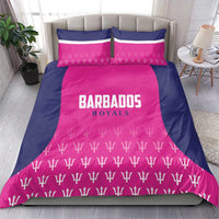Pink and navy cricket bedding set with team name center panel and repeating trophy icons