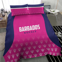 Pink and navy cricket bedding set featuring Barbados Royals lettering and white trophy print