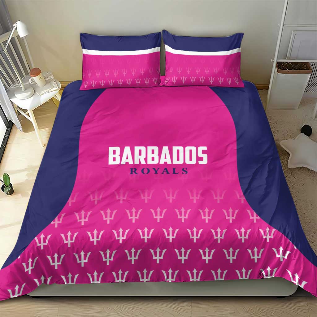 Pink and navy cricket bedding set with large center team text and trophy motif stripes