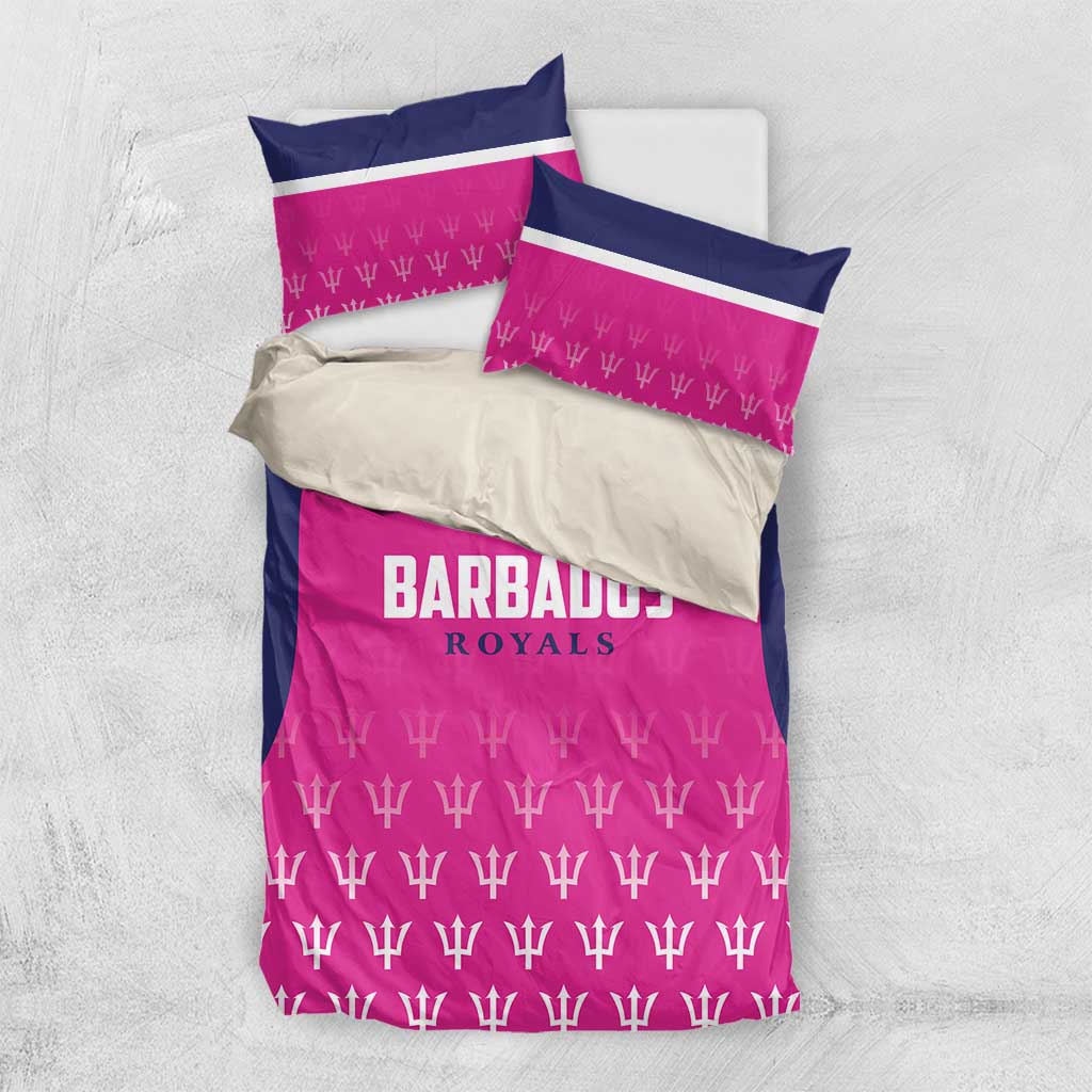 Pink and navy cricket bedding set with Barbados Royals text panel and trophy pattern pillows