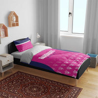 Pink and navy cricket bedding set with center team name text and repeating trophy design