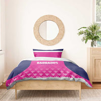 Pink and navy cricket bedding set with team text on duvet and repeating trophy pattern
