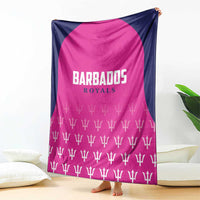 Pink and navy cricket blanket with BARBADOS ROYALS text and white trophy pattern