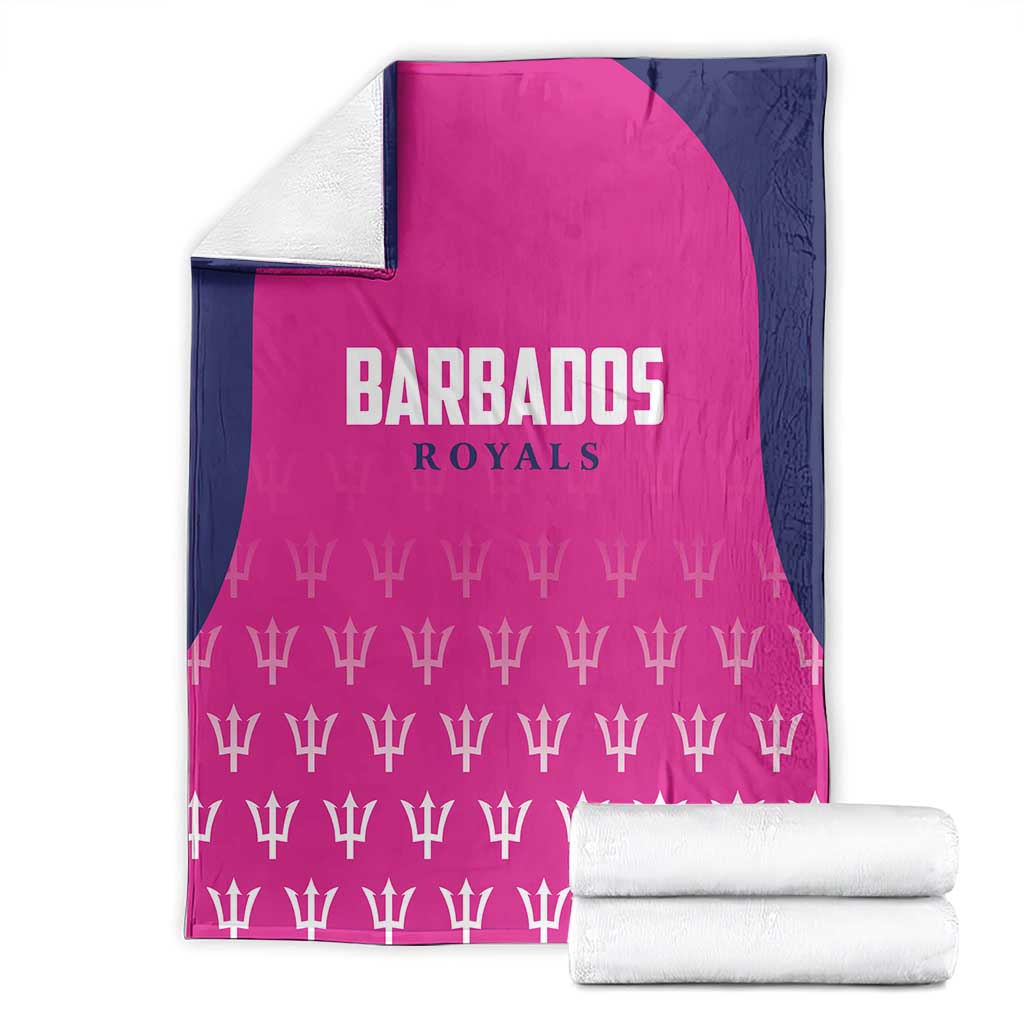 Folded pink and navy cricket blanket with BARBADOS ROYALS logo and white trophy icons