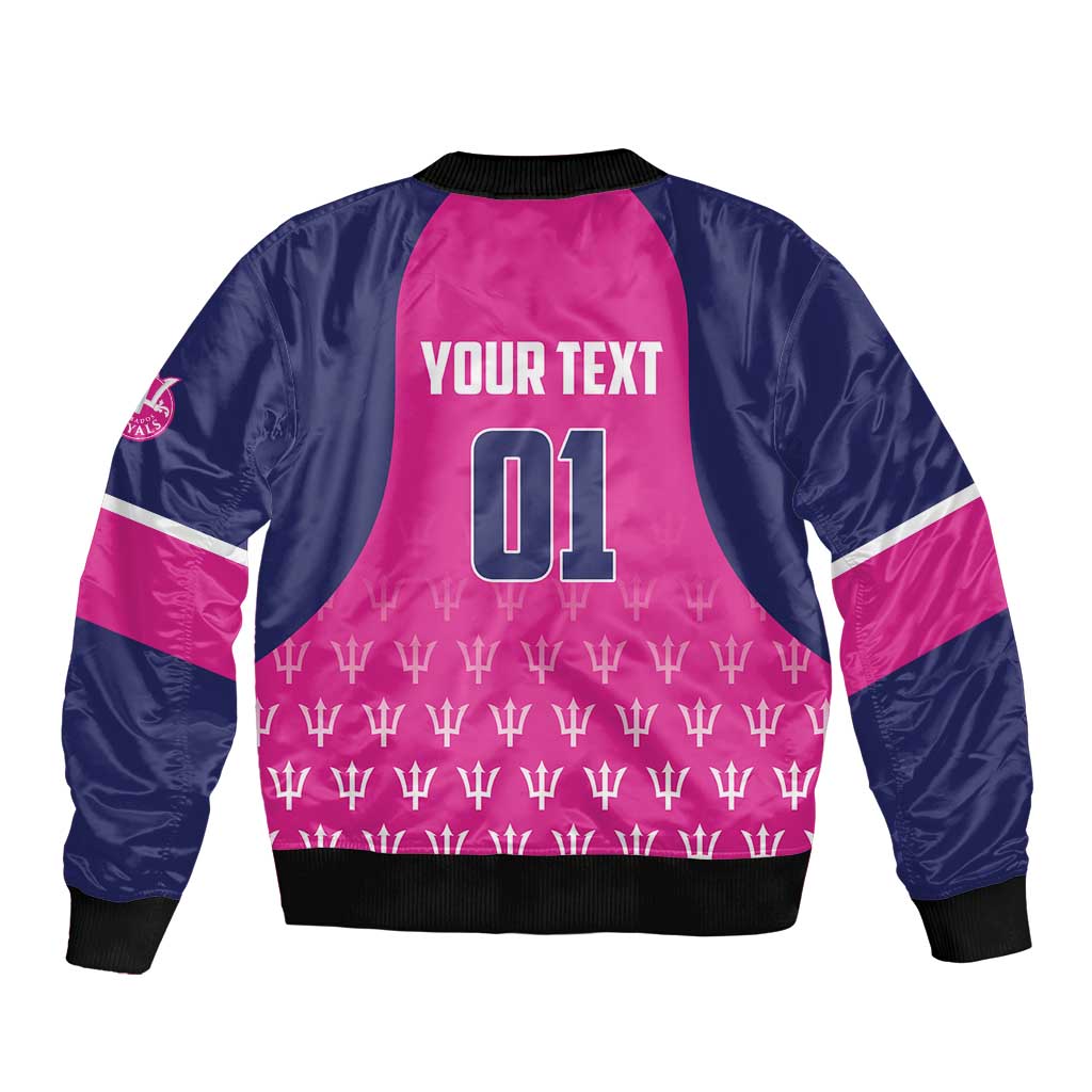 Pink and navy unisex bomber jacket with trophy pattern and 'YOUR TEXT 01' print