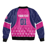 Pink and navy unisex bomber jacket with trophy pattern and 'YOUR TEXT 01' print