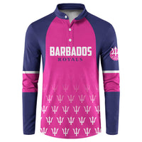 Pink and navy cricket button sweatshirt with BARBADOS ROYALS front graphic