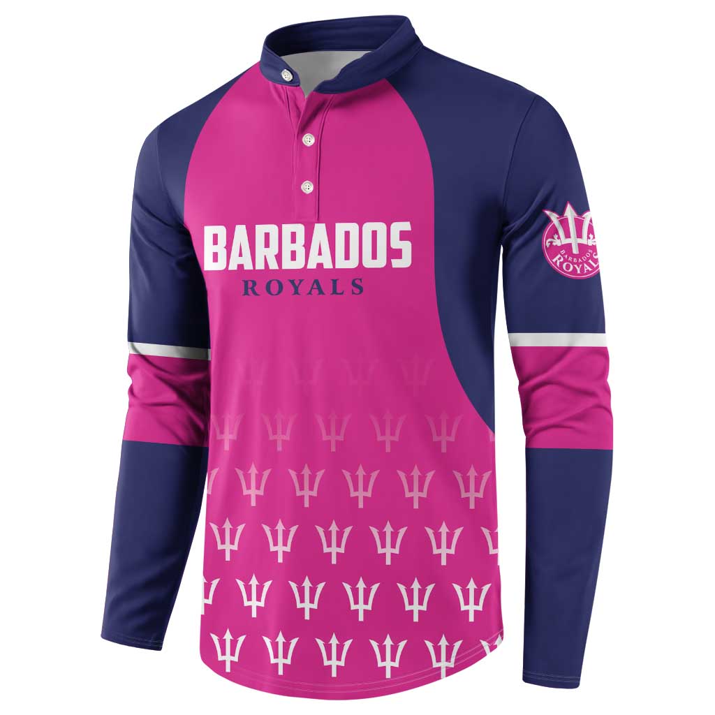 Pink and navy cricket button sweatshirt with BARBADOS ROYALS front logo and trophy icons