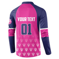 Pink and navy cricket button sweatshirt back with YOUR TEXT and number 01
