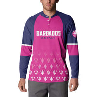 Pink and navy cricket button sweatshirt front with BARBADOS ROYALS text and trophy pattern