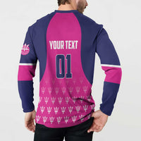 Pink and navy cricket button sweatshirt back with YOUR TEXT 01 and trophy icons