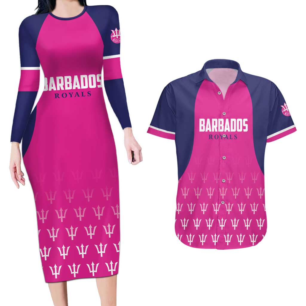 Custom Barbados Royals Cricket Couples Matching Long Sleeve Bodycon Dress and Hawaiian Shirt Back to Back Champions - Wonder Print Shop